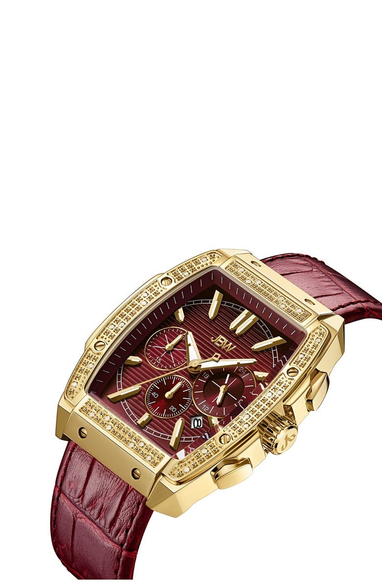 JBW Echelon Diamond Chronograph Croc Embossed Leather Strap Watch, 41mm, Alternate, color, Maroon