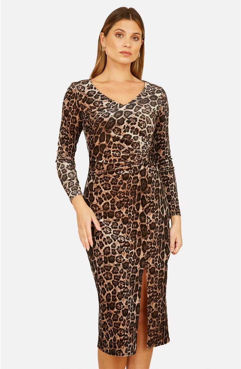 Yumi Velvet Long Sleeve Fitted Midi Dress, Alternate, color, Brown