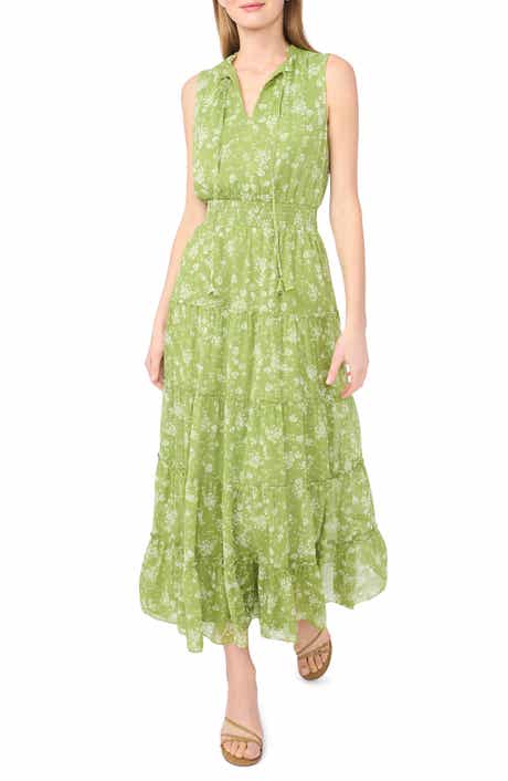 1.STATE Sleeveless Tie Neck Tiered Maxi Dress