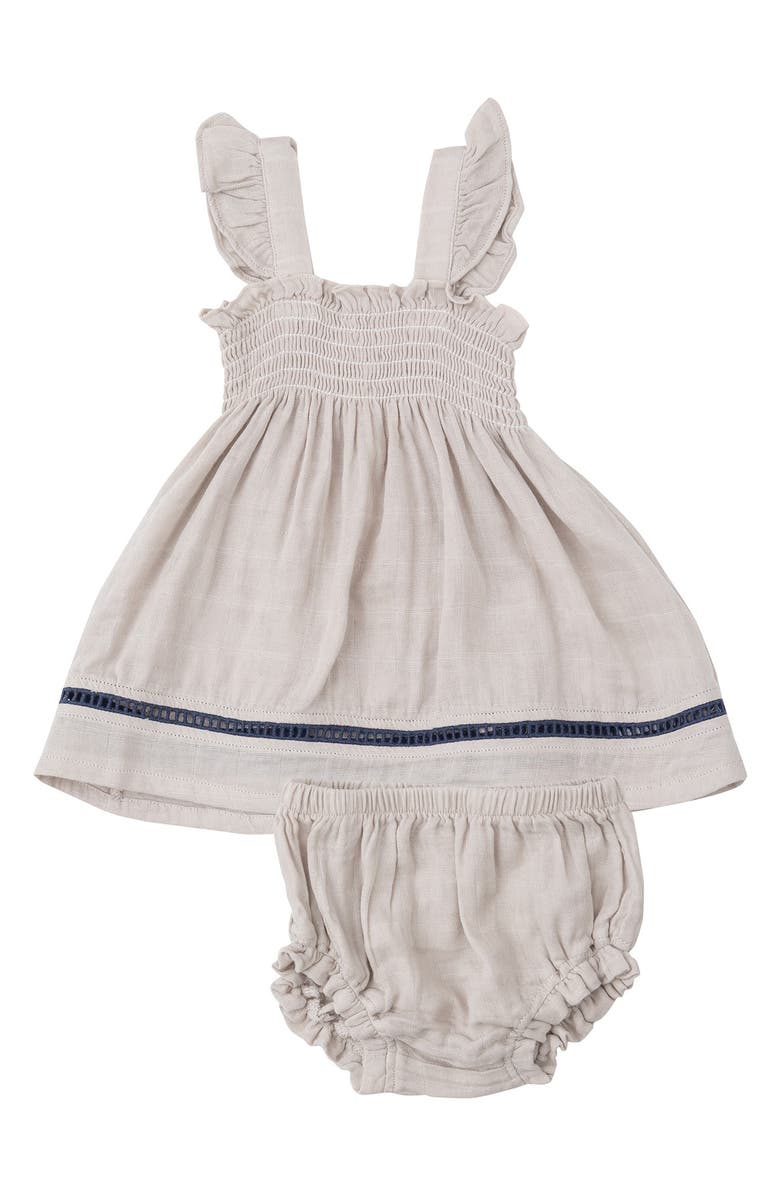Angel Dear Smocked Organic Cotton Ruffle Strap Top & Bloomers Set, Main, color, Oat