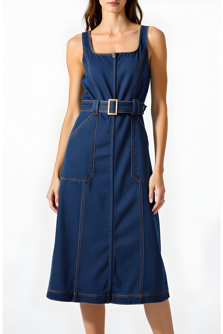 Denim Midi Dress with Belt and Zip Front, Alternate, color, Blue