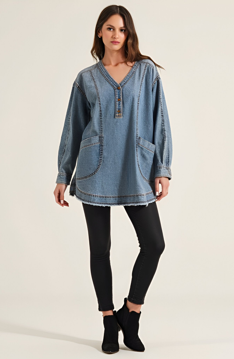 Modenaire Woven Denim Blouse with V-Neck Placket and Patch Pockets, Alternate, color, Light Wash Blue
