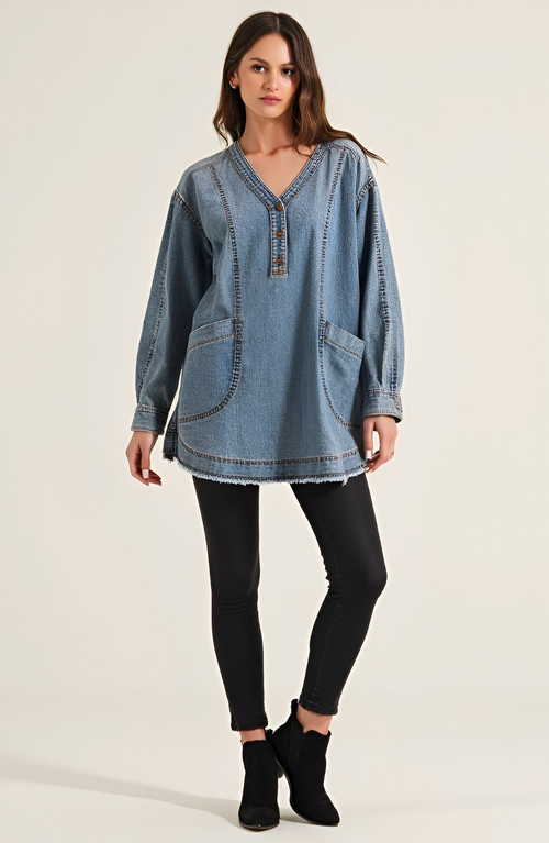 Modenaire Woven Denim Blouse With V-neck Placket And Patch Pockets In Blue