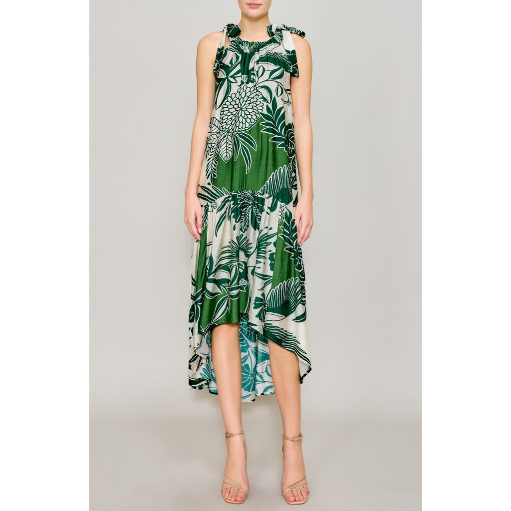 Melloday Print High Neck Midi Dress In Ivory/green Print