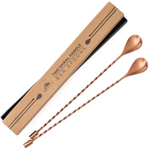 A Bar Above Antique Copper Bar Spoons, Set Of 2 With Spiral Handles In Antique Copper