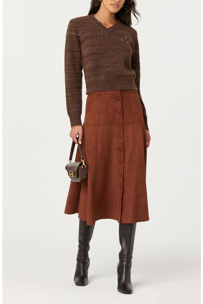 Zoya Faux Suede Midi Skirt, Alternate, color, BROWN