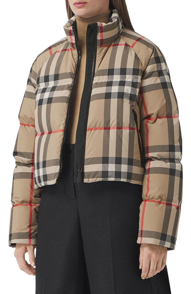Burberry Check Crop Down Puffer Jacket, Alternate, color, 