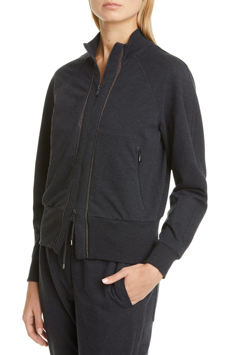Brunello Cucinelli Monili Inset Zip Front Cotton Sweatshirt, Alternate, color, 