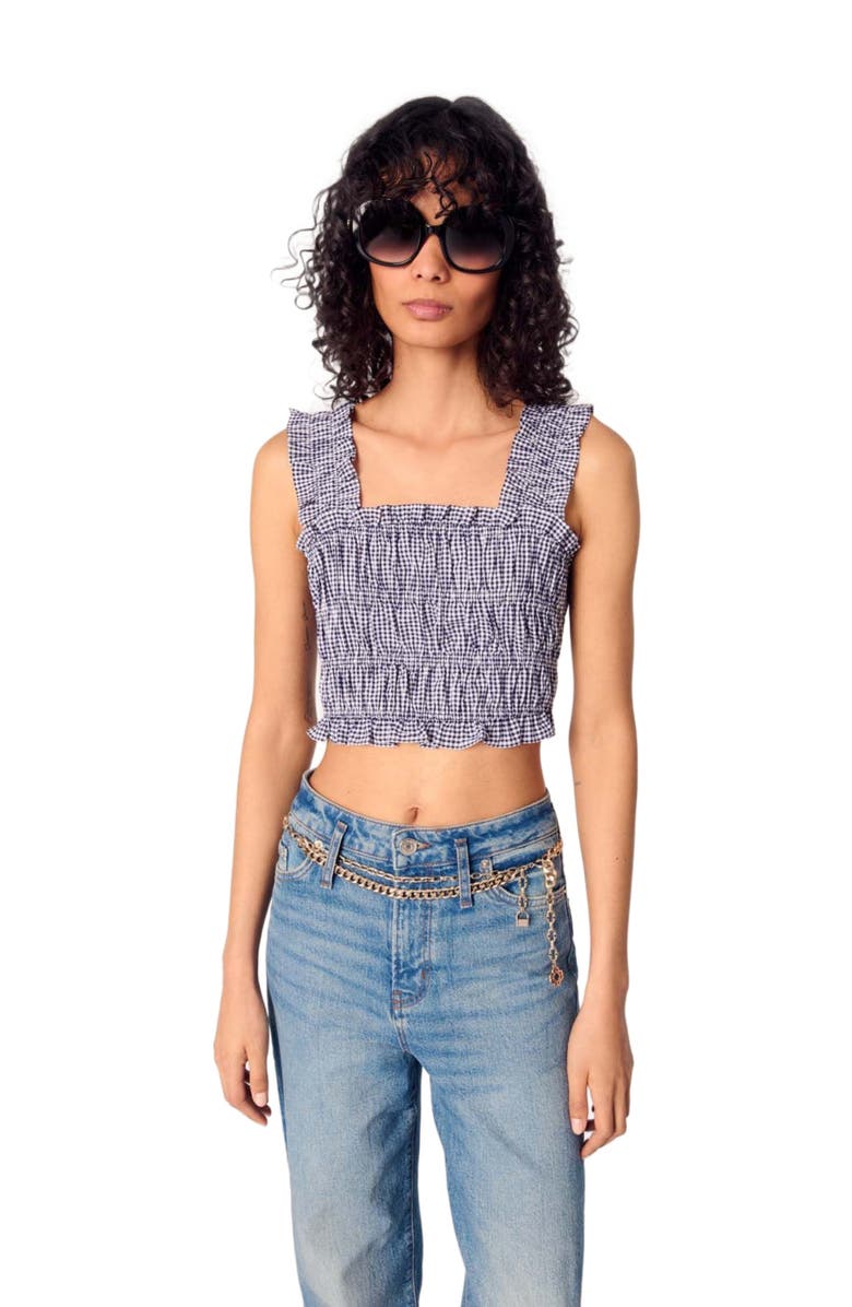 maje Gingham smocked crop top, Alternate, color, Navy/White