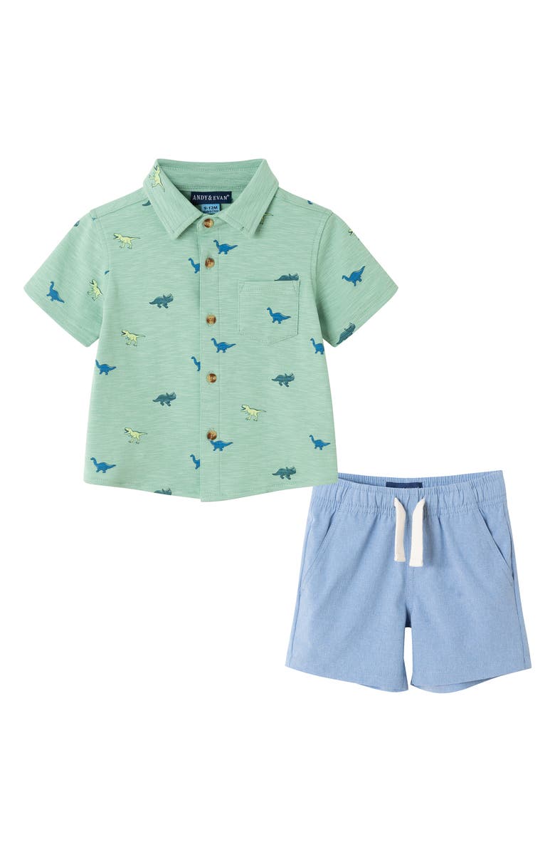 Andy & Evan Dino Print Button-Up Shirt & Shorts Set, Main, color, Light Green