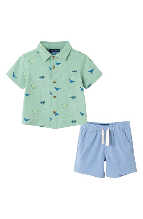 Andy & Evan Dino Print Button-up Shirt & Shorts Set In Light Green