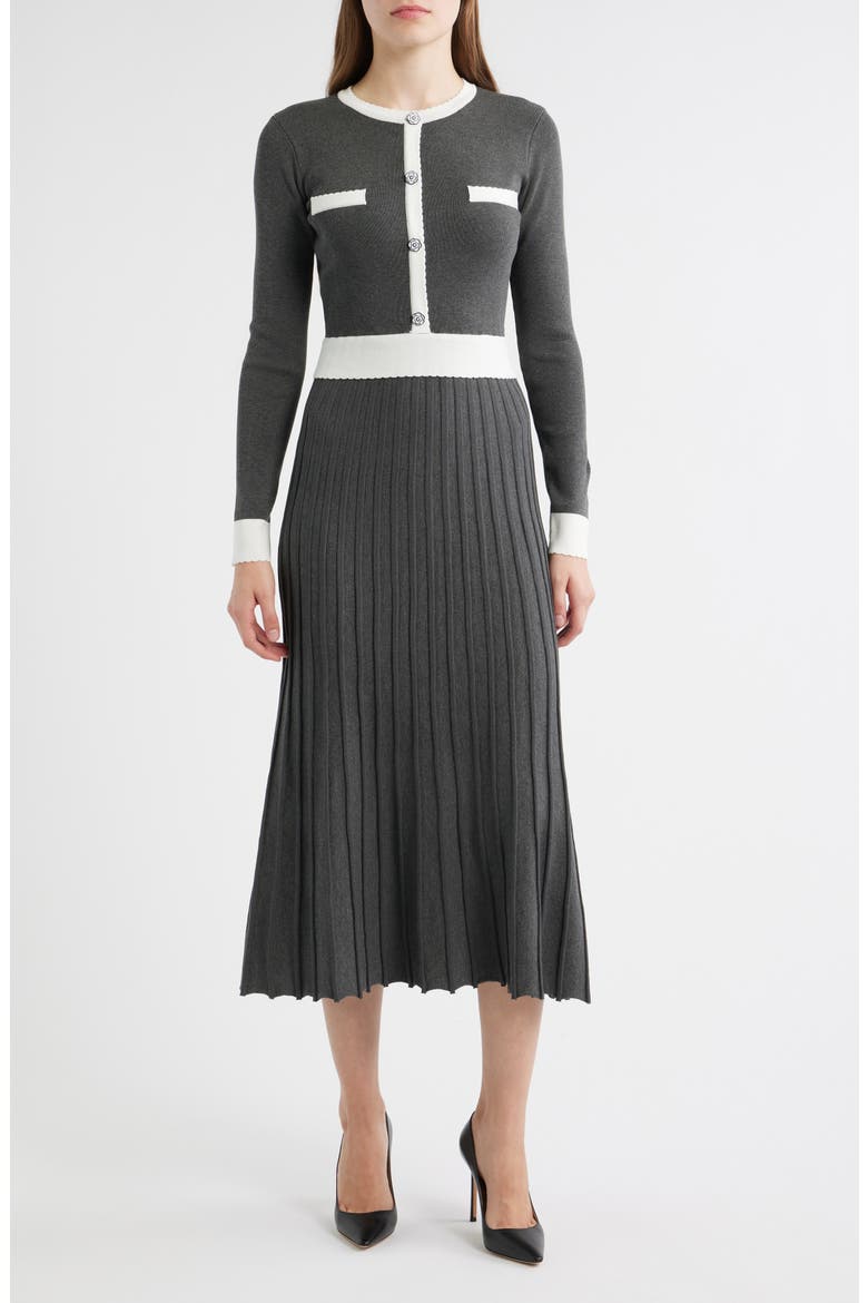 Long Sleeve A-Line Sweater Dress, Main, color, CHARCOAL/ WHITE