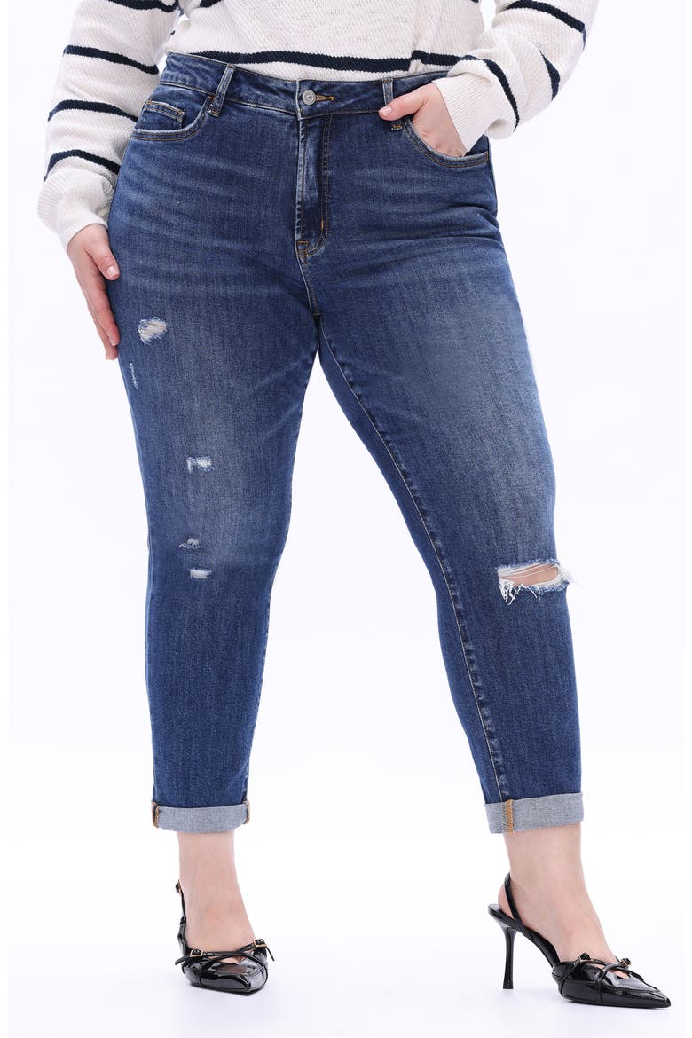 High Waist Distressed Straight Leg Jeans, Main, color, DARK BLUE