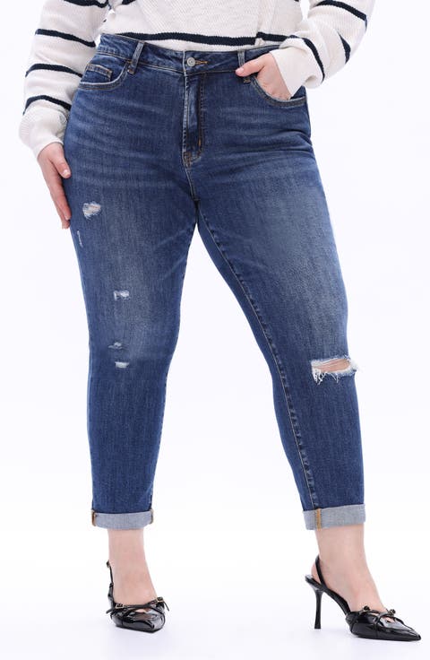 High Waist Distressed Straight Leg Jeans (Plus)