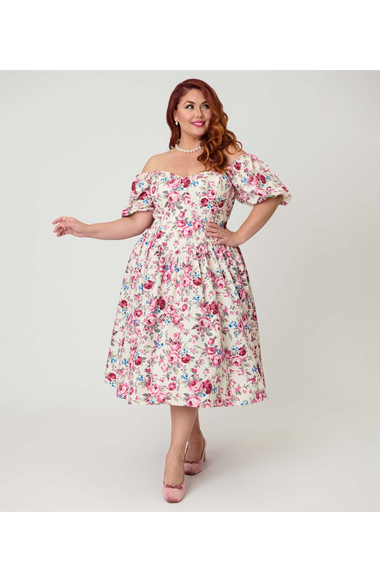 Smak Parlour Plus Size Puff Sleeve Swing Dress, Main, color, White W/ Floral Print