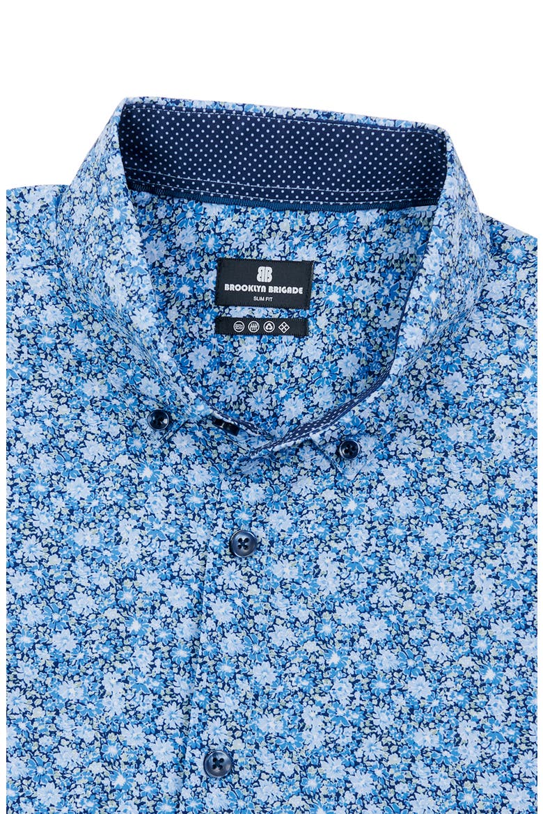 Slim Fit Ditsy Floral 4-Way Stretch Performance Short Sleeve Shirt, Alternate, color, BLUE