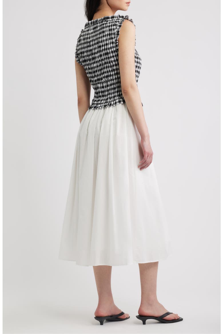 Maelle Gingham Smocked Two Tone Midi Dress, Alternate, color, BLACK