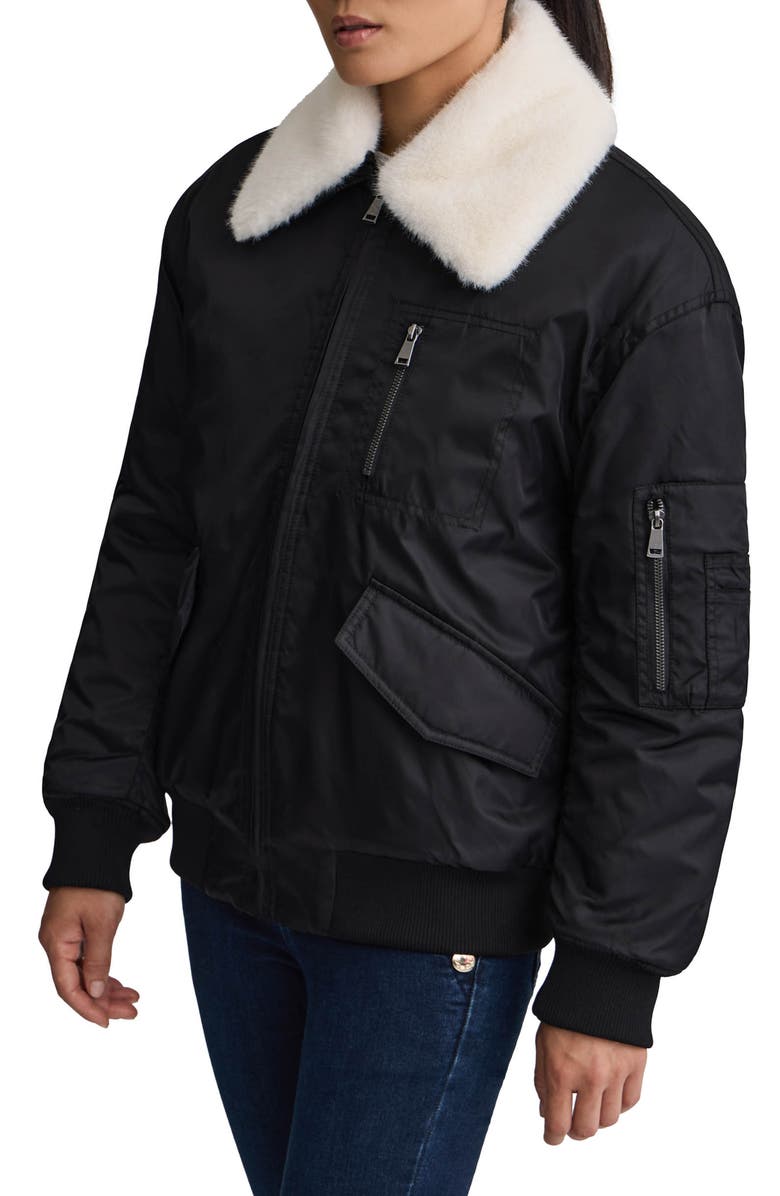 NVLT Faux Fur Collar Insulated Bomber Jacket, Alternate, color, Black