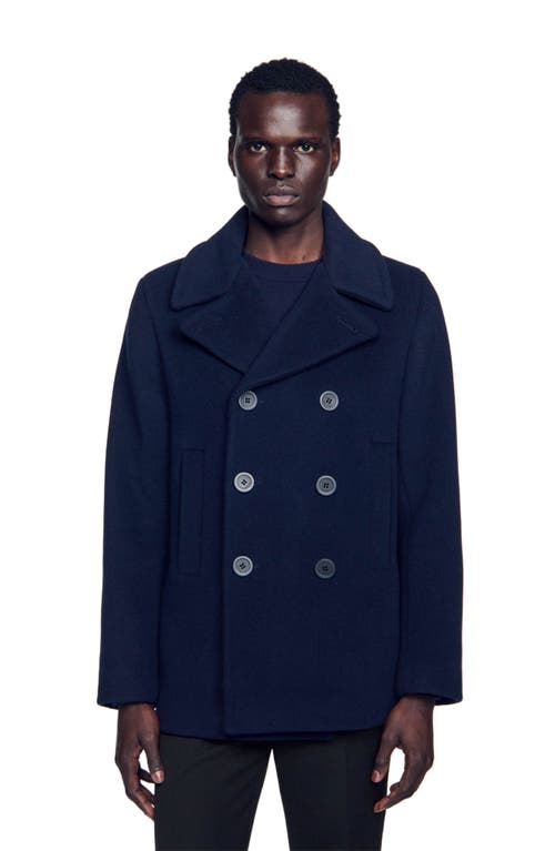 Sandro Straight-fit Wool-blend Coat In Navy Blue