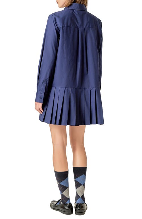 English Factory Pleated Long Sleeve Shirtdress In Blue