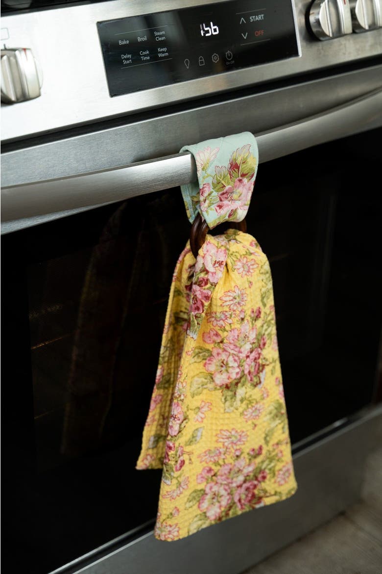Apple Blossom Tea Towel + Set Of 3 Wooden Loop Hangers, Alternate, color, Yellow