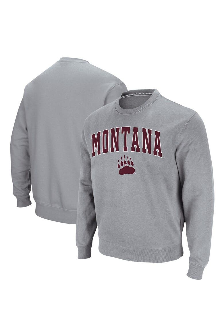 Men's Colosseum Heathered Gray Montana Grizzlies Arch & Logo Tackle Twill Pullover Sweatshirt, Main, color, Heather Gray