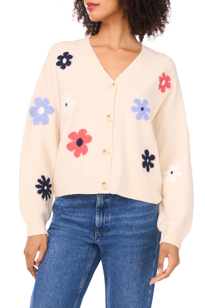 Floral V-Neck Cardigan, Main, color, BIRCH