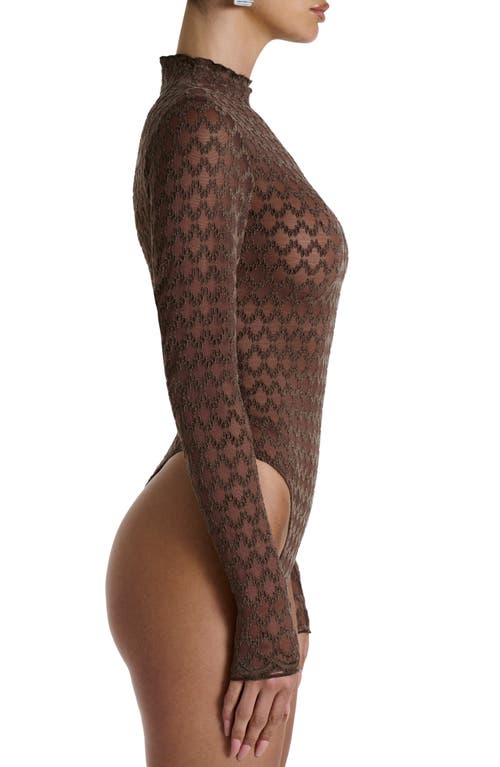 Naked Wardrobe Flocked Velvet Lace Mock Neck Long Sleeve Bodysuit In Brown