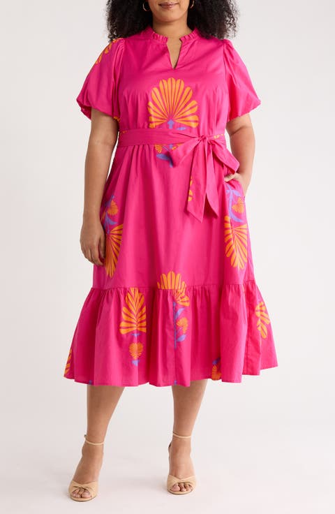 Melian Puff Sleeve Tie Belt Cotton Midi Dress (Plus)