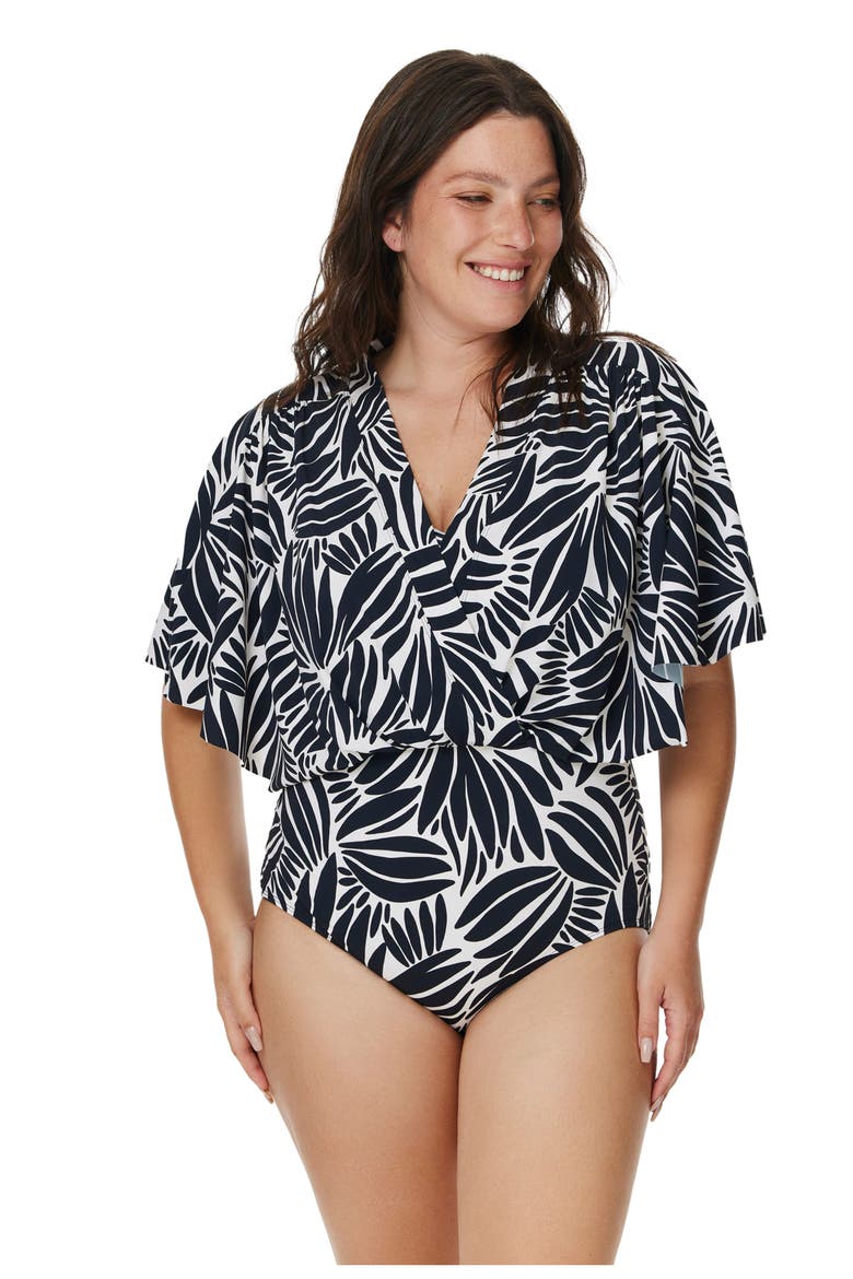 Modest Sleeved Surplice Blouson One Piece, Main, color, Black-White