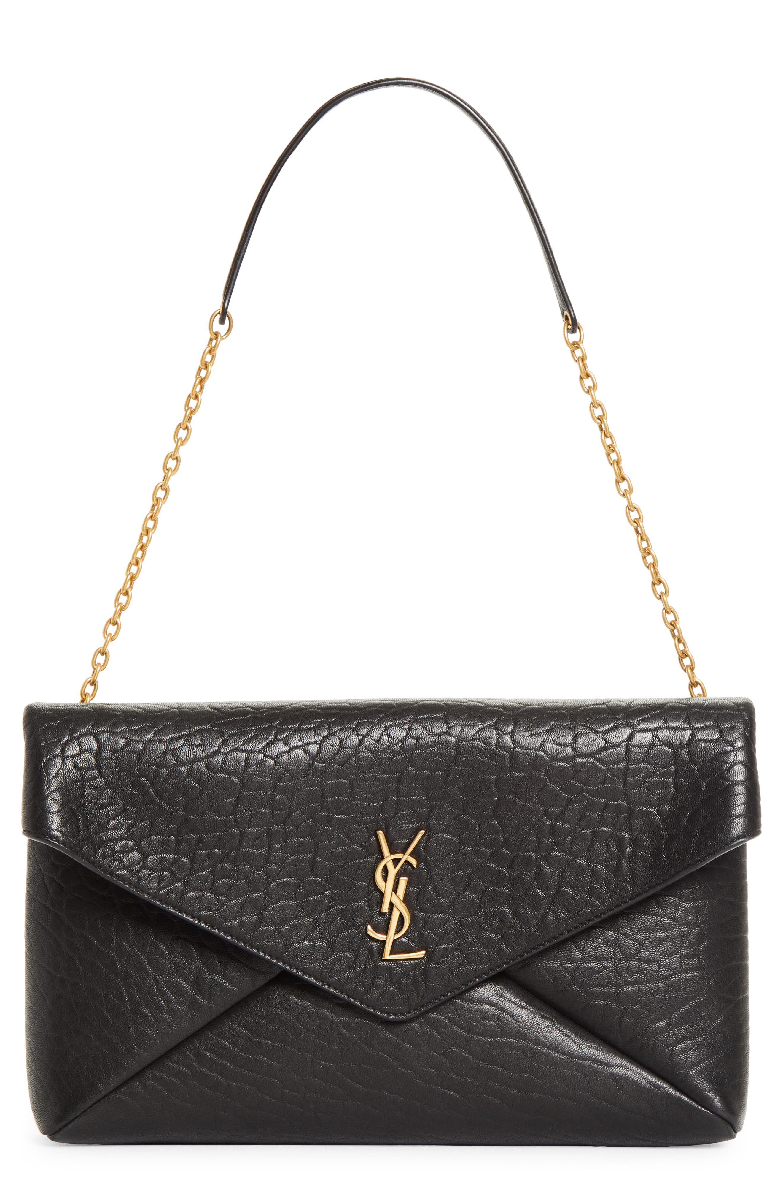 Saint Laurent Cassandre Lambskin Leather Pouch on a Chain, Main, color, Noir