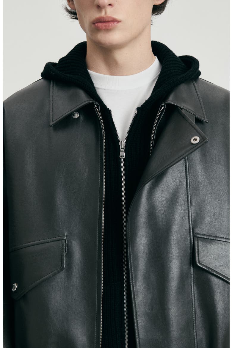 Gender Inclusive Cropped Faux Leather Bomber Jacket, Alternate, color, BLACK