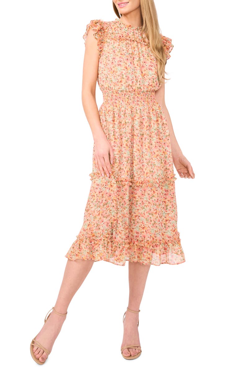 CeCe Floral Flutter Sleeve Smocked Midi Dress, Main, color, Mint Lime