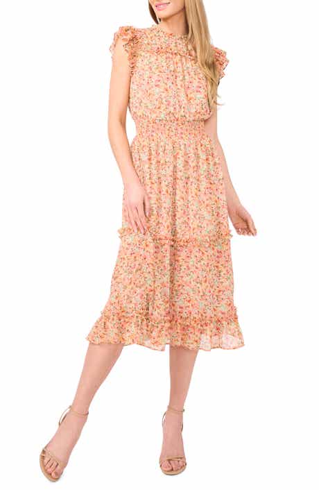 CeCe Floral Flutter Sleeve Smocked Midi Dress