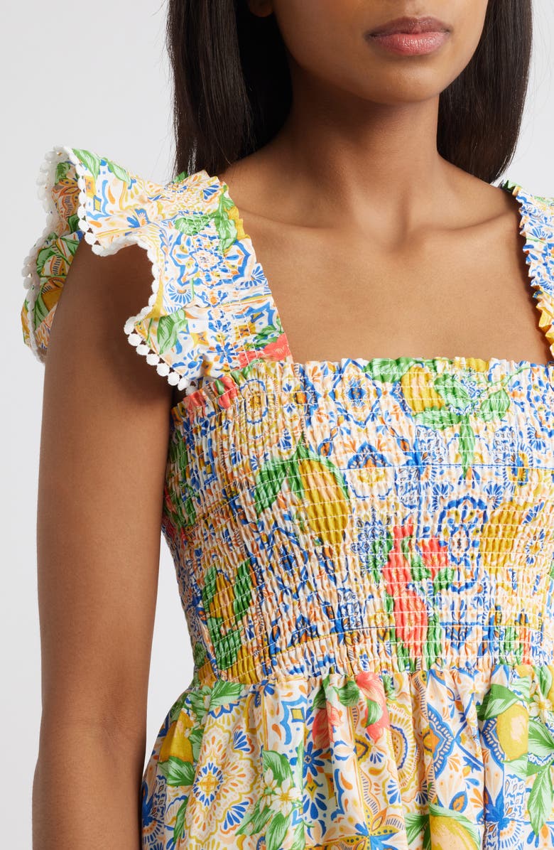 Anne Klein Ruffle Smocked Bodice Midi Sundress, Alternate, color, Pearl White Multi