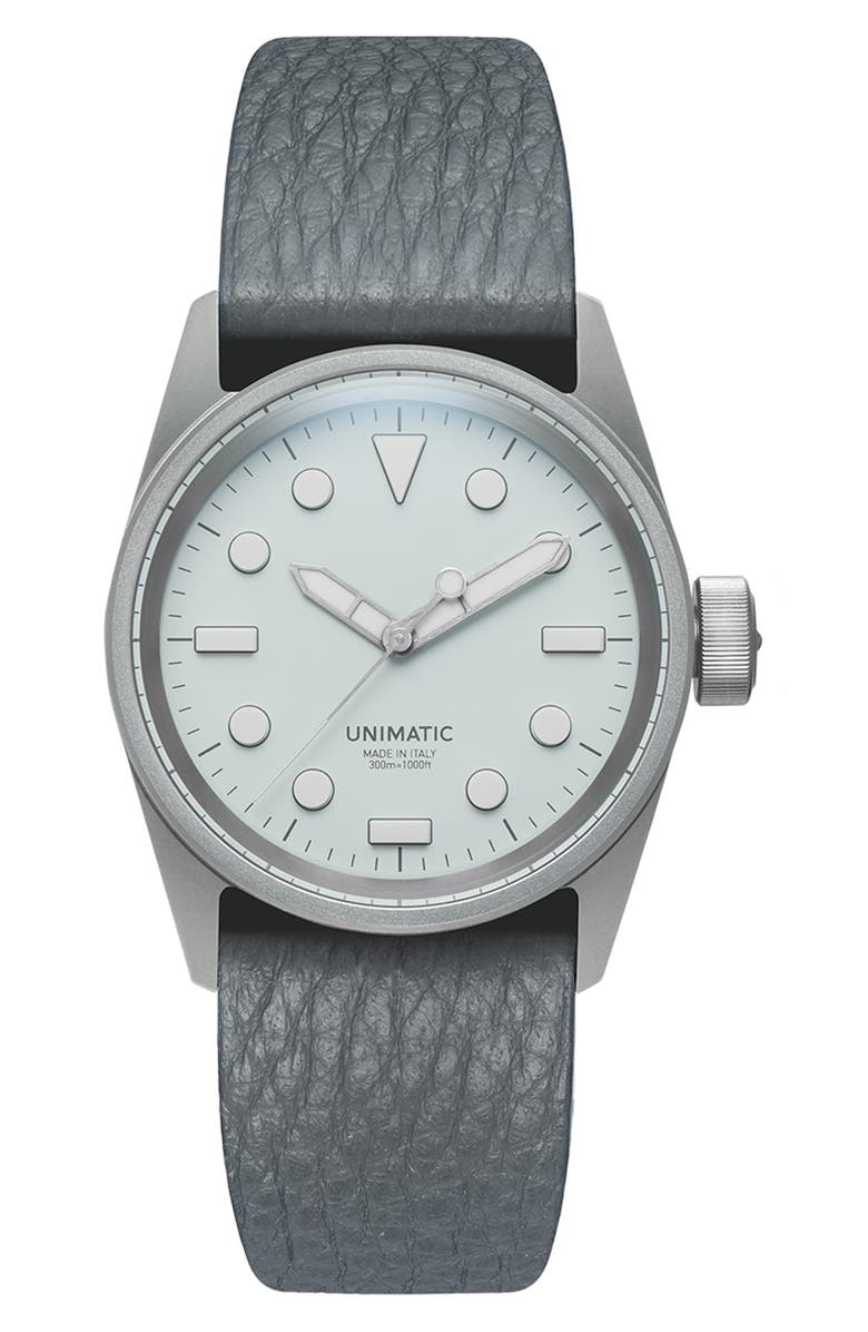 UNIMATIC UT1-GO Diver Leather Strap Watch, 43.7mm, Main, color, Glacier White