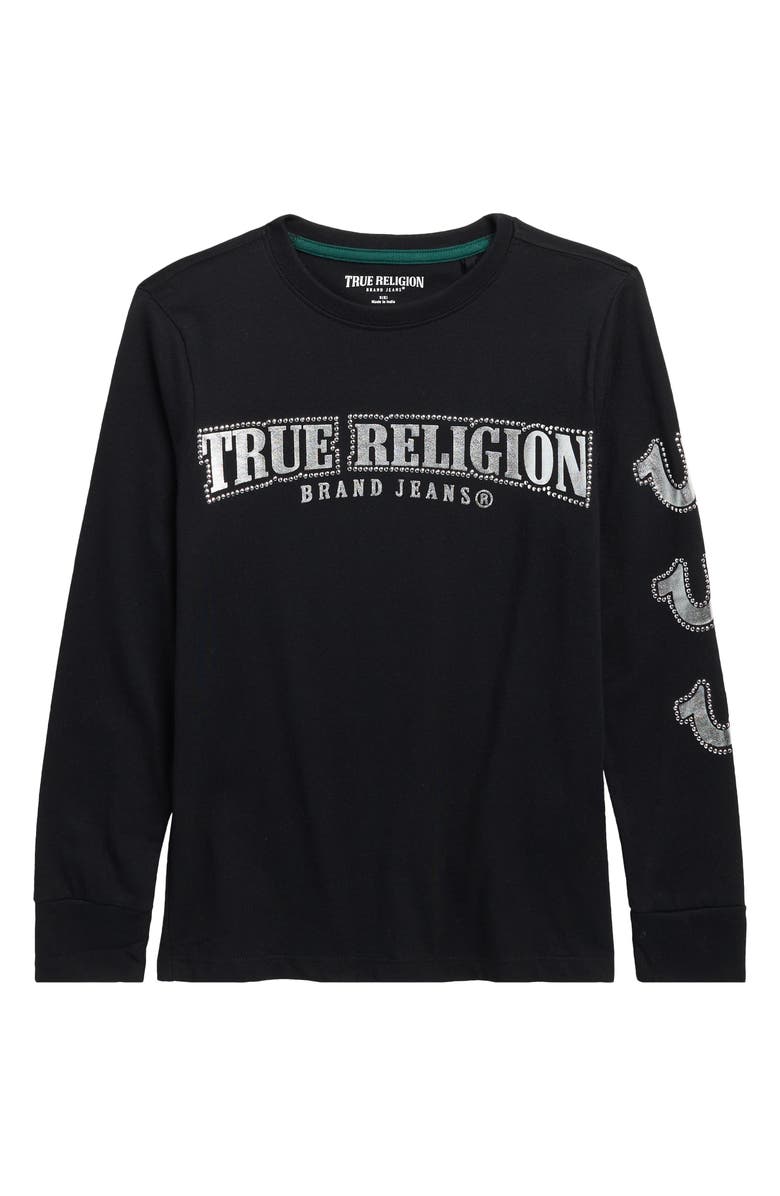 True Religion Kids' Foil Studded Long Sleeve Cotton Graphic T-Shirt, Main, color, Black/Silver