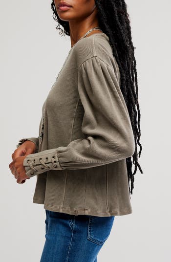 Lapis Lace-Up Cuff Cotton Thermal Top