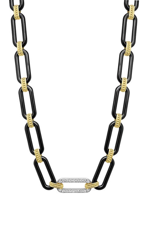 Signature Caviar Black Ceramic Link & Diamond Necklace