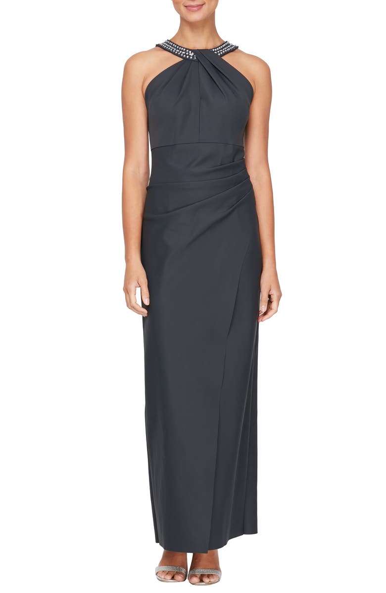 Alex Evenings Contour Collection Halter Neck Column Evening Gown, Main, color, Charcoal