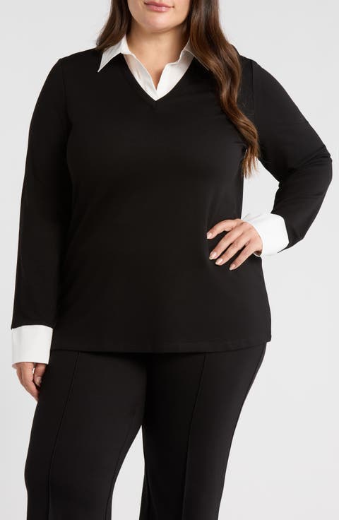 売れ筋商品|||ニューヨークコレクション カットソー トップス レディース Plus Size Tunic Top with Illusion Neckline and Stones Fanfare Plus Size Seam Detail Dolman Tunic