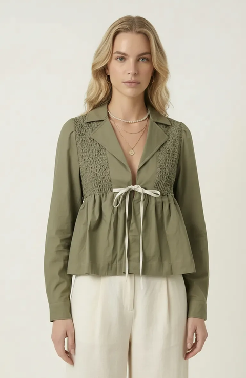 Smocked Panel Tie Front Blouse