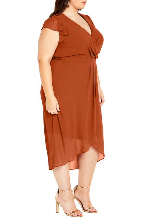 City Chic Pleated Flutter Sleeve Midi Dress In Brown