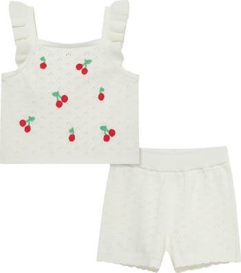 Cherry Pointelle Ruffle Tank Top & Shorts Set