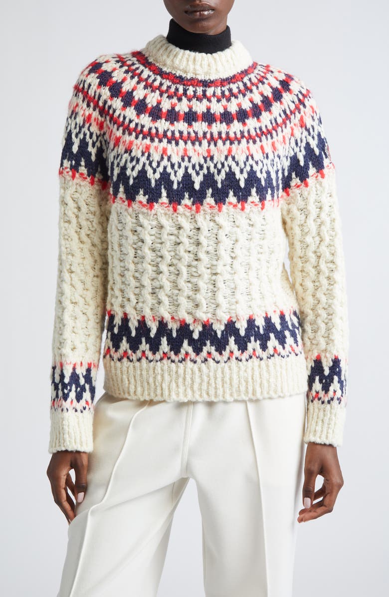 Moncler Grenoble Fair Isle Crewneck Sweater, Main, color, White
