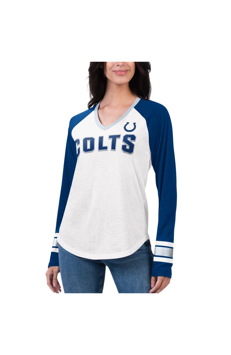 G-III 4HER BY CARL BANKS Women's G-III 4Her by Carl Banks White/Royal Indianapolis Colts Top Team Raglan V-Neck Long Sleeve T-Shirt, Main, color,