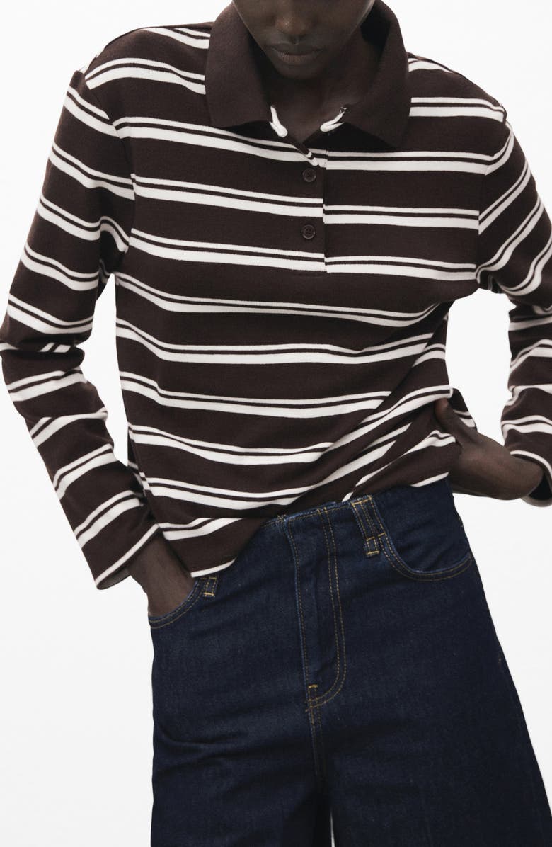MANGO Stripe Long Sleeve Polo, Main, color, Brown