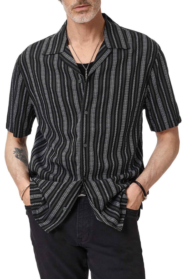Dan Patterned Stripe Camp Shirt, Main, color, BLACK