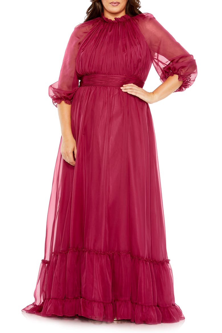 High-Neck Chiffon Dress with Puff Sleeves and Ruffle Tiered Skirt, Main, color, CRIMSON