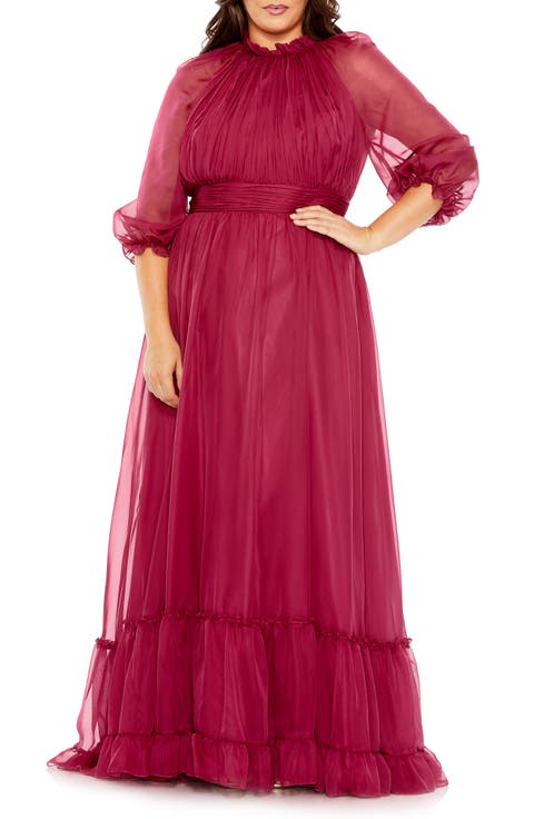 High-Neck Chiffon Dress with Puff Sleeves and Ruffle Tiered Skirt